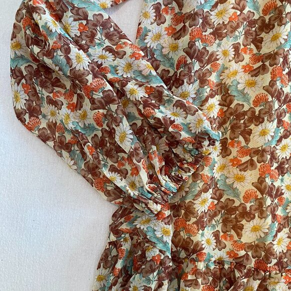 NWT Mango floral print mini dress Women's 4 orange brown loose ruffle boho - Picture 4 of 10